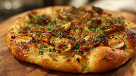 Delicious seafood pizza on wooden board, closeup. Restaurant menuの素材