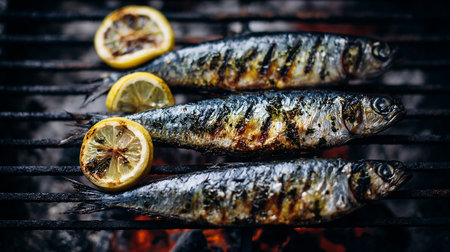 Grilled sardines with lemon and herbs on a barbecue grillの素材