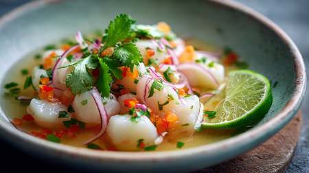 Salad of scallops, lime and parsley in bowlの素材