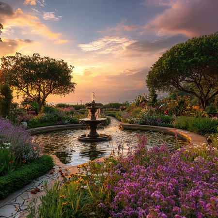 Fountain in the garden at sunset. Beautiful landscape with a fountain.の素材