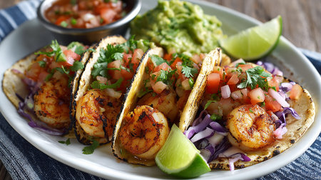Mexican tacos with grilled prawns and salsa, closeupの素材