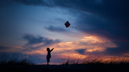 Silhouette of a child playing with a kite at sunsetの素材