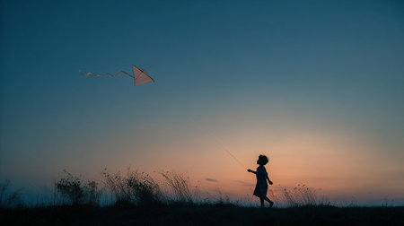 Silhouette of a girl with a kite in the field at sunsetの素材