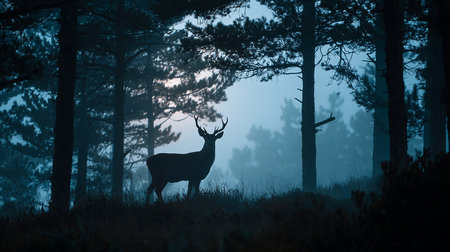 Silhouette of a red deer stag in the misty forest.の素材