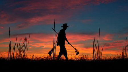 Silhouette of gardener with a shovel in the field at sunsetの素材