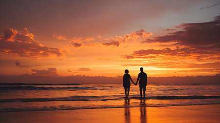 Couple in love holding hands and walking on the beach at sunsetの素材