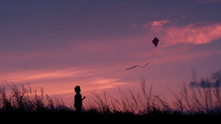 Silhouette of a boy flying a kite at sunset.の素材