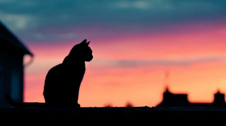 silhouette of a cat on the background of the city at sunsetの素材