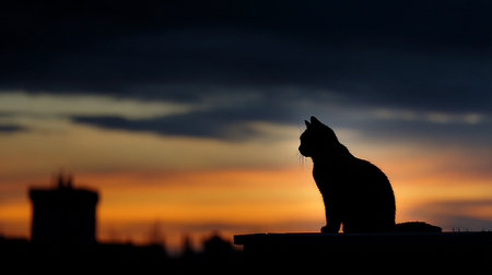 Silhouette of a cat on a background of the sunset.の素材