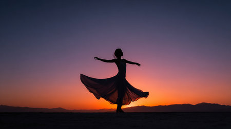 Silhouette of a little girl dancing at sunset in the desertの素材