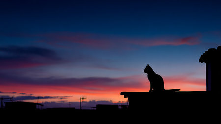Silhouette of a cat on the roof of the house at sunsetの素材