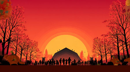 Illustration of people in the forest at sunset, vector illustration.の素材