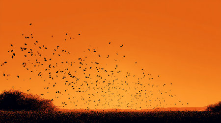 A flock of birds flying in the sky at sunset over a fieldの素材
