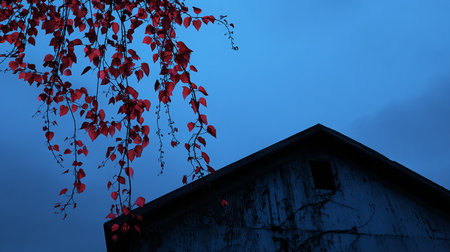 Red leaves on the roof of an old house in the evening.の素材