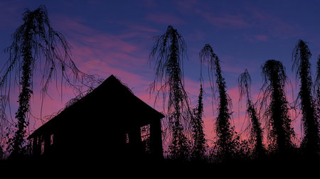 Silhouette of house in the forest at sunset. Vector illustration.の素材