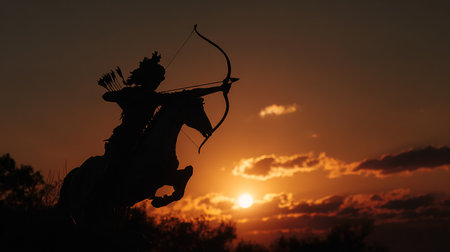 Silhouette of Cupid with bow and arrow on sunset backgroundの素材