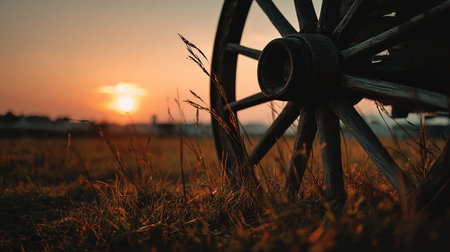 Old wooden wagon wheel and grass at sunset. Selective focus.の素材