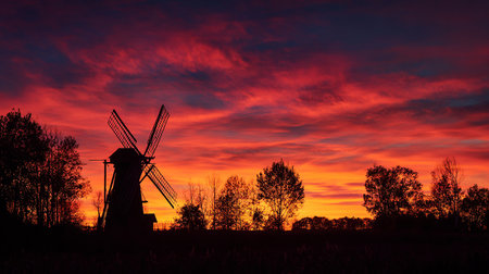 Silhouette of a windmill on a background of red sunsetの素材