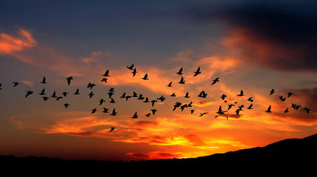 Flock of pigeons flying in the sky at sunset. Nature backgroundの素材