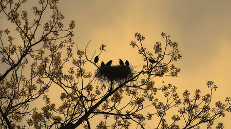 Couple of storks in the nest on the tree at sunsetの素材