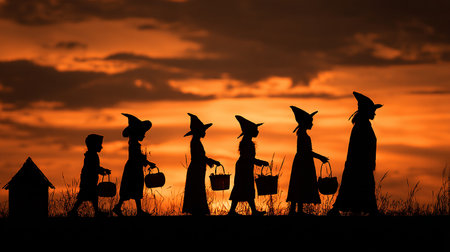 Silhouette of a group of witch at sunset. Halloween concept.の素材