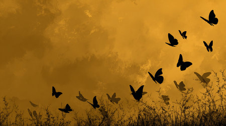 Silhouette of grass with butterflies on a grunge background.の素材