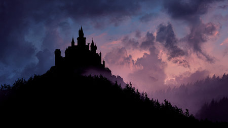 Magic castle on the hill at sunset. Fantasy landscape. 3D renderingの素材