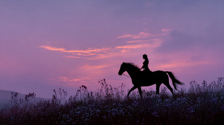 silhouette of a girl riding a horse in the meadow at sunsetの素材