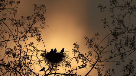 Silhouette of birds in a nest on a tree at sunsetの素材