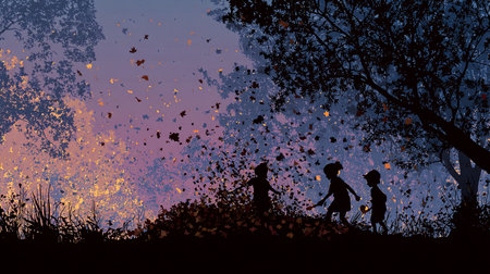 Silhouette of children playing in the autumn forest at sunset.の素材