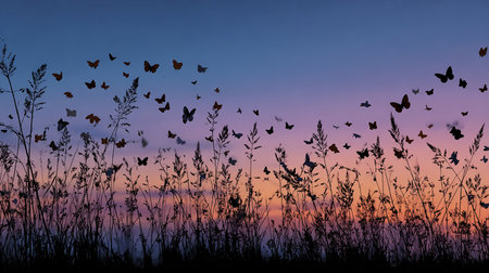 Silhouette of grass field with flying butterflies at sunset background.の素材