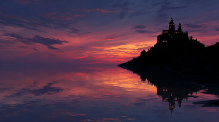 Mont Saint Michel at sunset with reflection in water, Normandy, Franceの素材