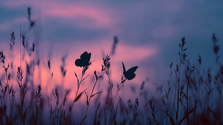 Silhouette of grass flower with butterfly on sunset sky background.の素材