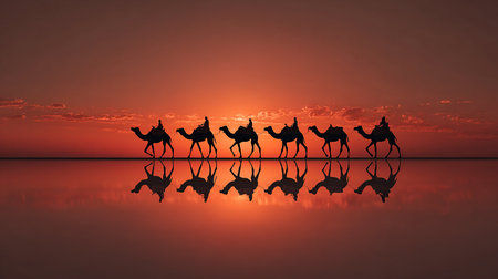 Silhouette of camels at sunset with reflection in the waterの素材