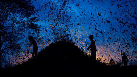 Silhouette of children playing on the hill at night in the forest.の素材