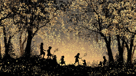 Children playing tennis in the park. Silhouette vector illustration.の素材
