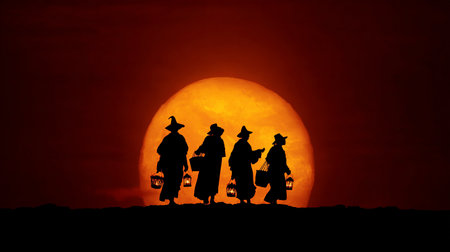 Silhouette of a group of witch walking in the moonlightの素材