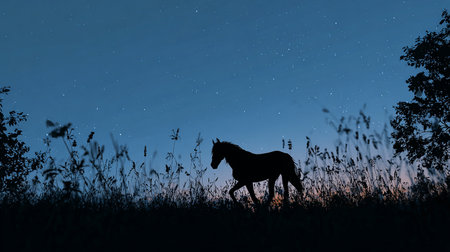 Silhouette of a horse in the field at night with starsの素材