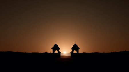 Silhouette of mosque at sunset in Jaipur, Indiaの素材