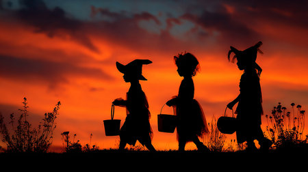 Silhouette of girls with shopping bags in the field at sunsetの素材
