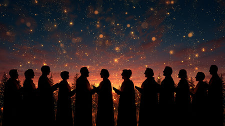 Silhouette of a group of people against the background of the night skyの素材