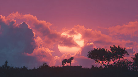Horse silhouette in front of red full moon at sunset, South Africaの素材