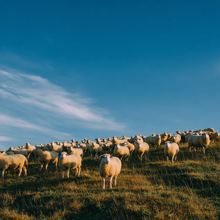 Flock of sheep on a meadow with blue sky in the backgroundの素材