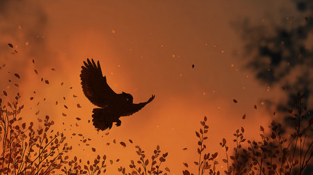 silhouette of a flying owl on a background of the sunsetの素材