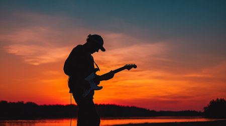 Silhouette of a man playing an electric guitar at sunset.の素材