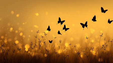 Silhouette of grass with flying butterflies at sunset, nature backgroundの素材