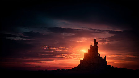 Mysterious castle at sunset. Fantasy landscape. 3D renderingの素材