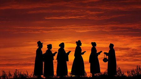 Silhouette of a group of people in the sky at sunsetの素材
