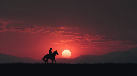 Horseback riding at sunset. Silhouette of a man riding a horse.の素材