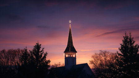 Church tower at sunset with red and purple colors, silhouette of a churchの素材